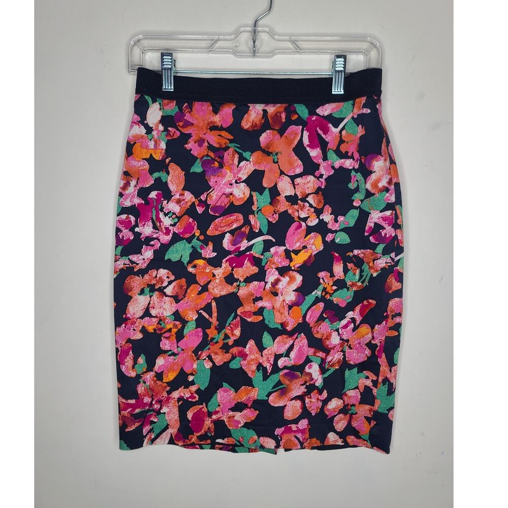 Ann Taylor navy blue with pink orange floral cotton pencil skirt - 2